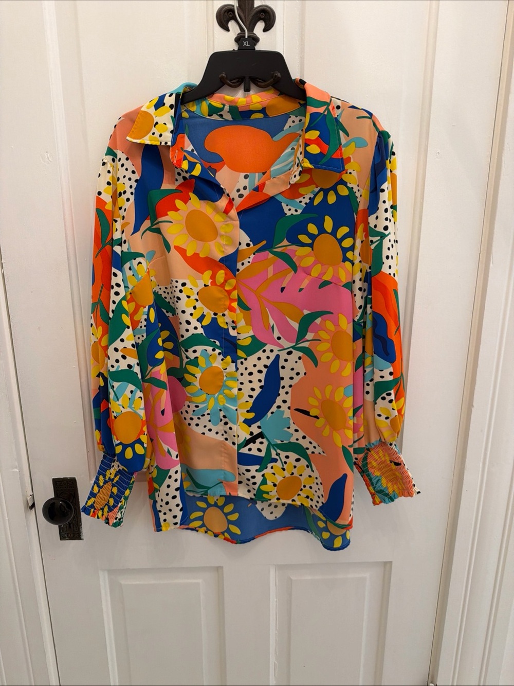 Artsy Bright Colorful Floral Sun Button Up Shirt Womens SzXL Multicolor